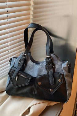 Modern Rivet Patchwork Pockets Faux Leather Satchel Handbag