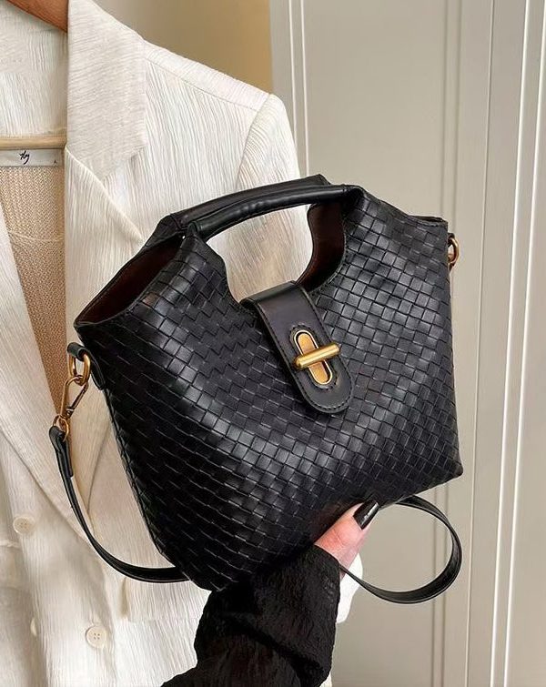 Modern Weave Design Solid Durable Faux Leather Tote Handbag