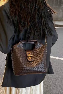 Modern Weave Design Solid Durable Faux Leather Tote Handbag