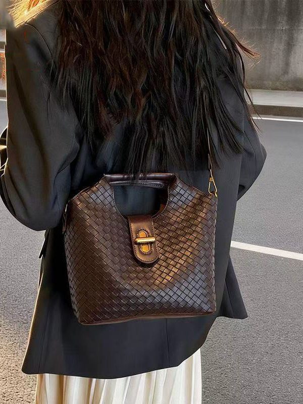 Modern Weave Design Solid Durable Faux Leather Tote Handbag