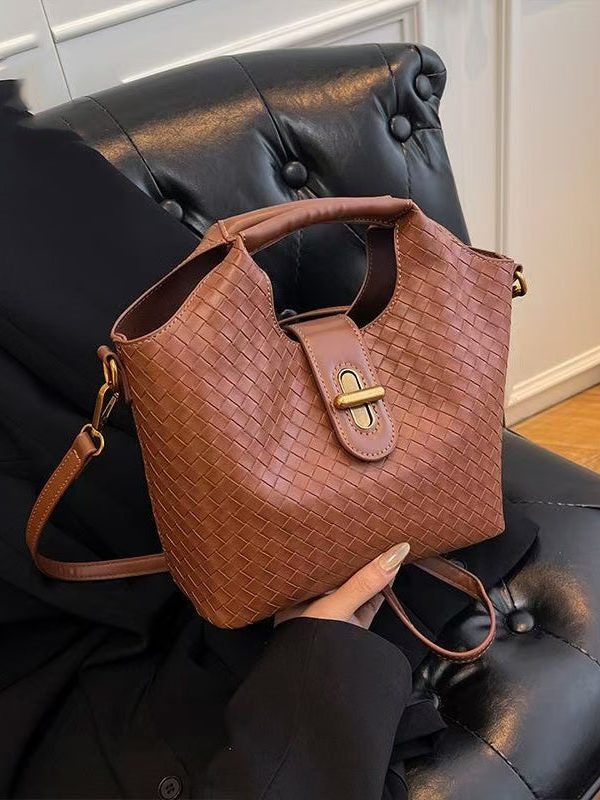 Modern Weave Design Solid Durable Faux Leather Tote Handbag