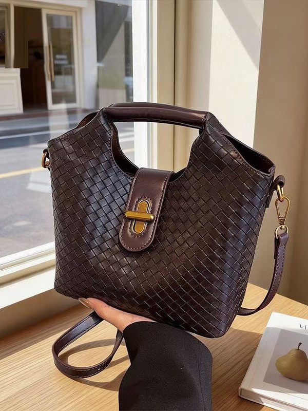 Modern Weave Design Solid Durable Faux Leather Tote Handbag