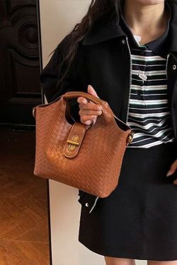 Modern Weave Design Solid Durable Faux Leather Tote Handbag