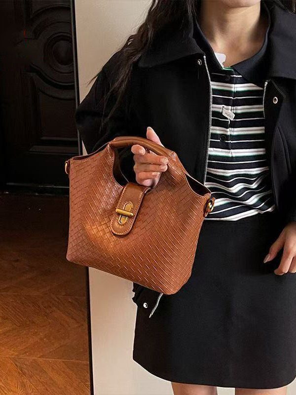 Modern Weave Design Solid Durable Faux Leather Tote Handbag
