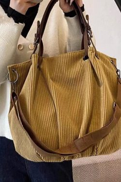 Modern Yellow Large Capacity Corduroy Satchel Handbag