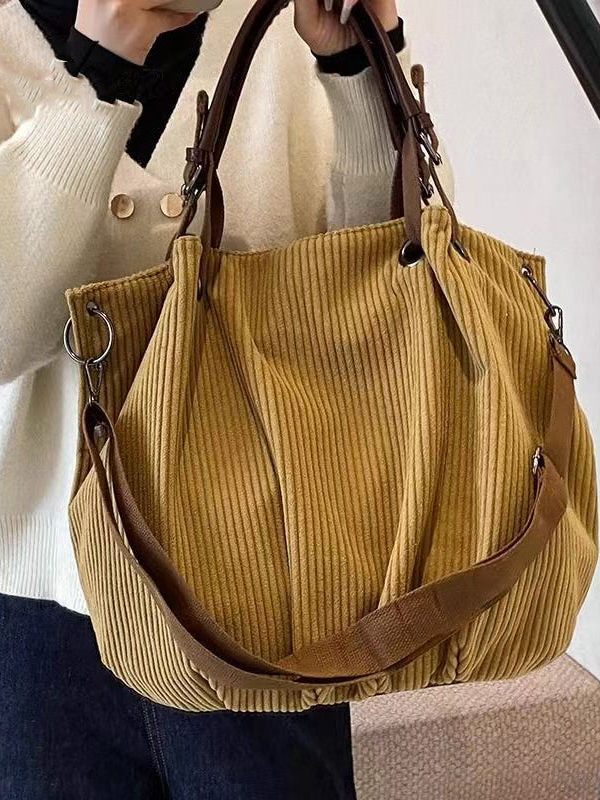 Modern Yellow Large Capacity Corduroy Satchel Handbag