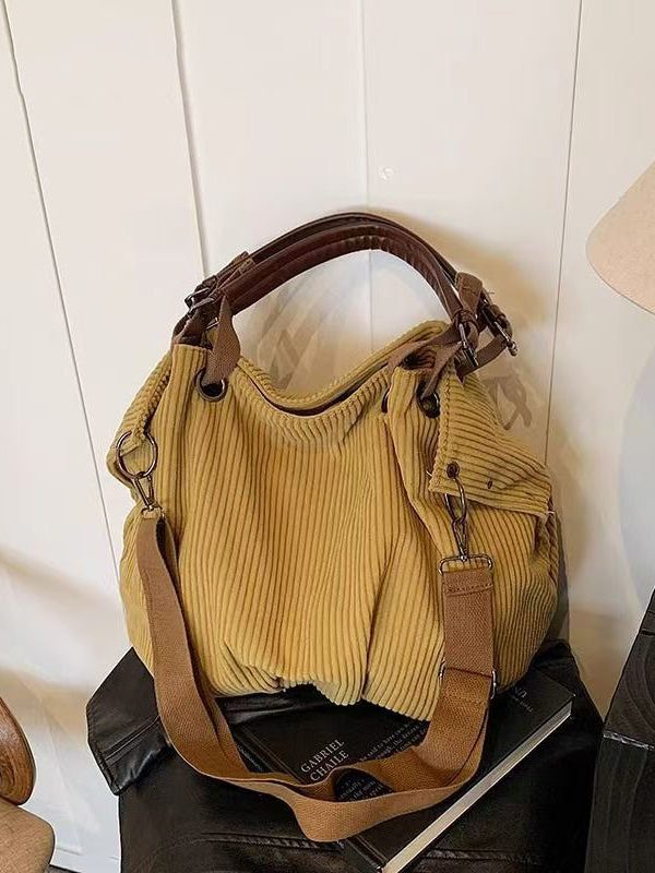 Modern Yellow Large Capacity Corduroy Satchel Handbag
