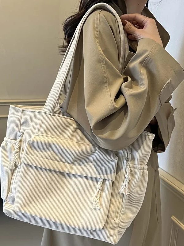 Multi Pocket Corduroy Tote Bag