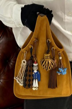 National Style Khaki Tasseled Fine Suede Tote Handbag