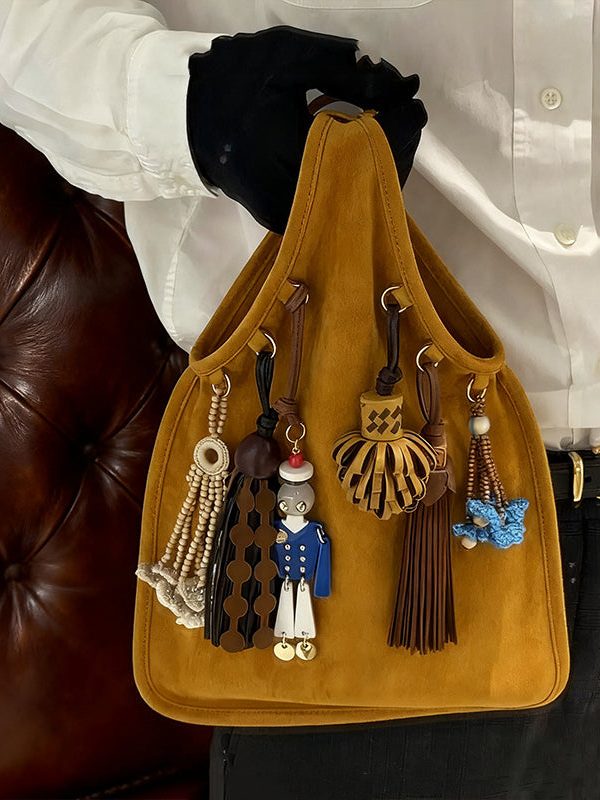 National Style Khaki Tasseled Fine Suede Tote Handbag