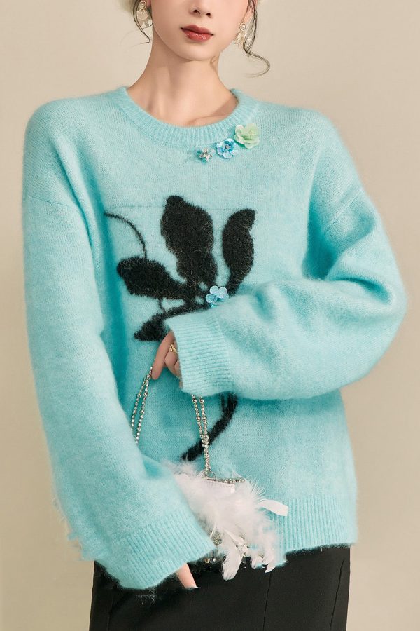 Natural Blue Print Cozy Cotton Knit Sweaters Spring