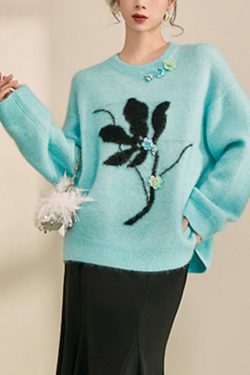 Natural Blue Print Cozy Cotton Knit Sweaters Spring