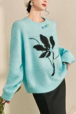Natural Blue Print Cozy Cotton Knit Sweaters Spring