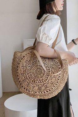 Natural Brown Hollow Out Straw Woven Satchel Bag Handbag