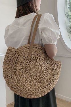Natural Brown Hollow Out Straw Woven Satchel Bag Handbag