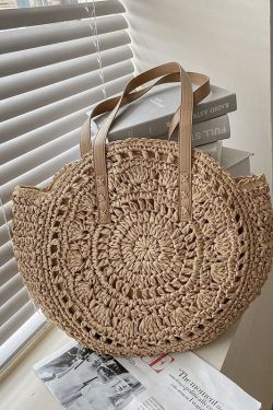 Natural Brown Hollow Out Straw Woven Satchel Bag Handbag