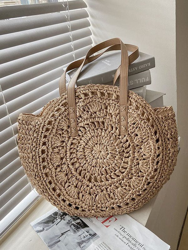 Natural Brown Hollow Out Straw Woven Satchel Bag Handbag
