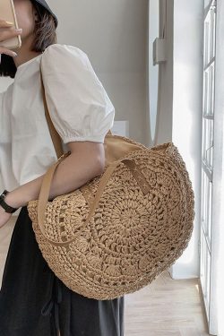 Natural Brown Hollow Out Straw Woven Satchel Bag Handbag