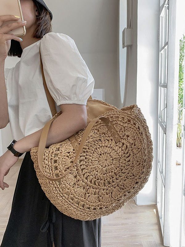 Natural Brown Hollow Out Straw Woven Satchel Bag Handbag