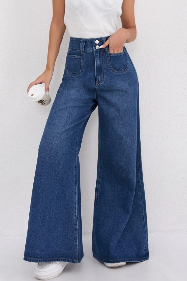 Natural Dark Blue High Waist Wide Leg Jeans Spring