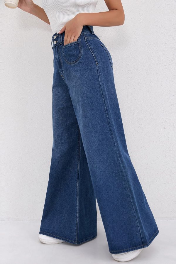 Natural Dark Blue High Waist Wide Leg Jeans Spring