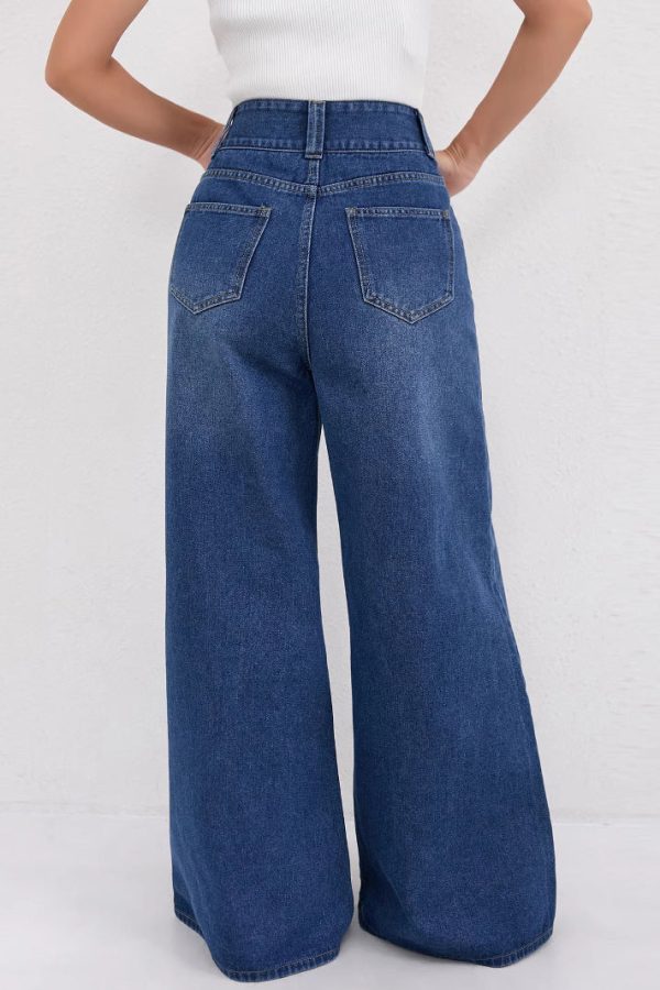 Natural Dark Blue High Waist Wide Leg Jeans Spring