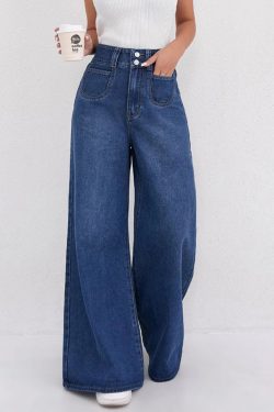 Natural Dark Blue High Waist Wide Leg Jeans Spring