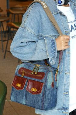 Natural Denim Blue Patchwork Canvas Backpack Bag