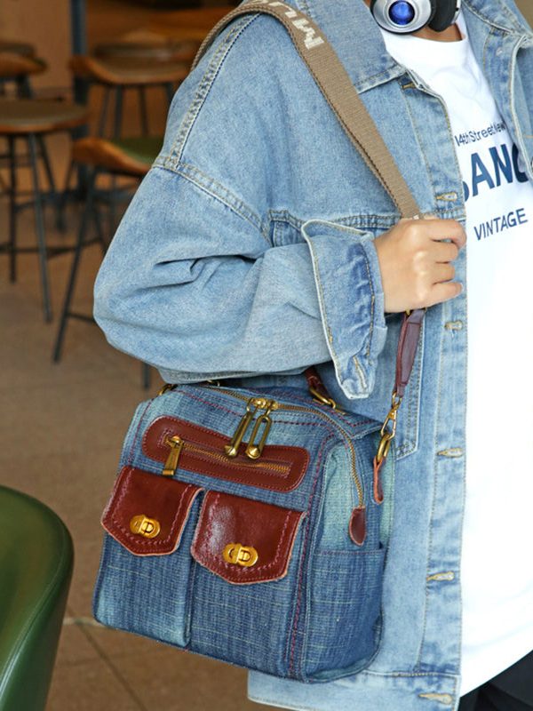 Natural Denim Blue Patchwork Canvas Backpack Bag