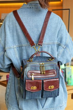 Natural Denim Blue Patchwork Canvas Backpack Bag