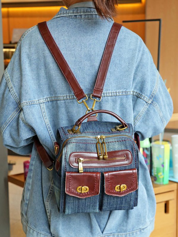Natural Denim Blue Patchwork Canvas Backpack Bag