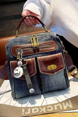 Natural Denim Blue Patchwork Canvas Backpack Bag