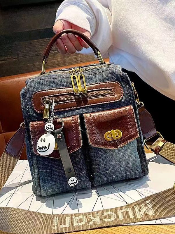 Natural Denim Blue Patchwork Canvas Backpack Bag