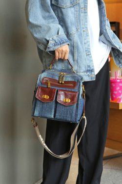 Natural Denim Blue Patchwork Canvas Backpack Bag