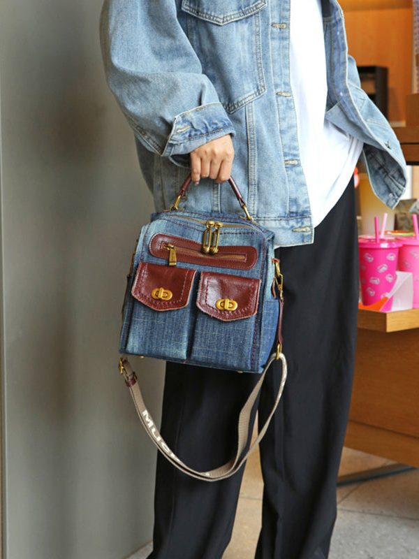 Natural Denim Blue Patchwork Canvas Backpack Bag