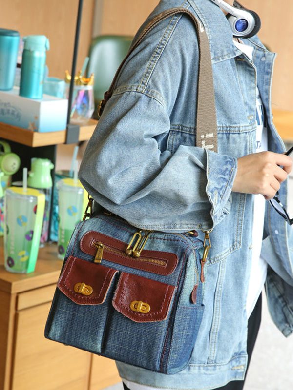 Natural Denim Blue Patchwork Canvas Backpack Bag