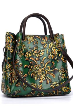 Natural Green Floral Paitings Calf Leather Satchel Handbag