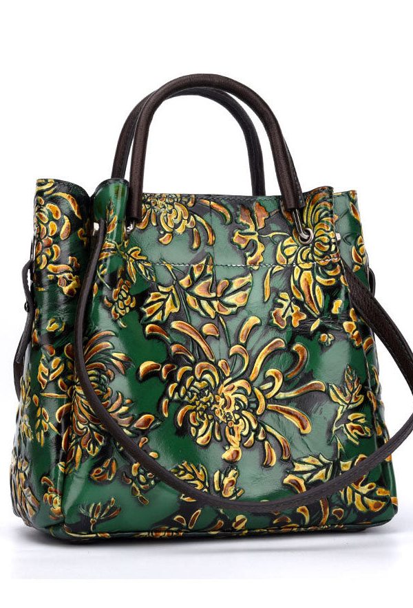 Natural Green Floral Paitings Calf Leather Satchel Handbag