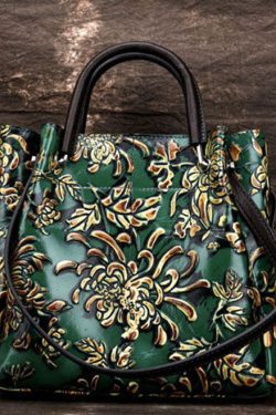 Natural Green Floral Paitings Calf Leather Satchel Handbag