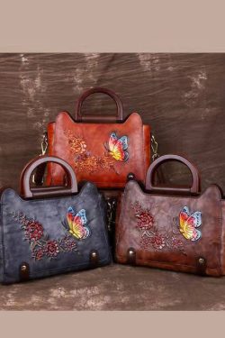 Natural Red Brown Floral Paitings Leather Satchel Handbag