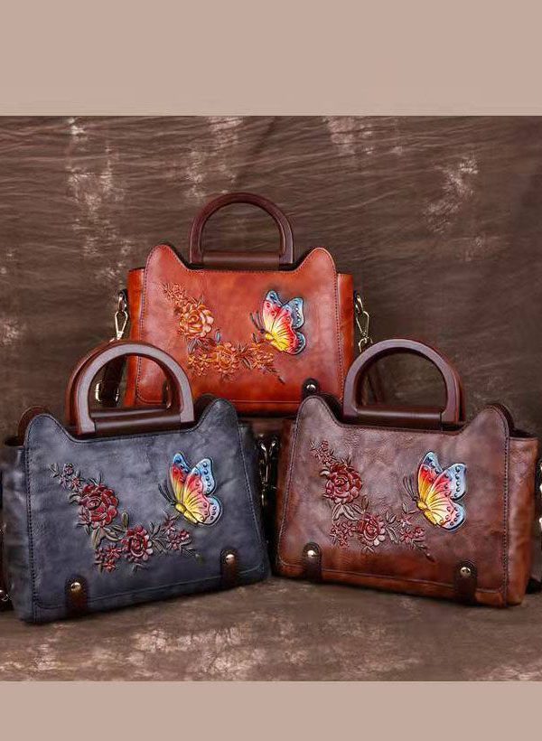 Natural Red Brown Floral Paitings Leather Satchel Handbag