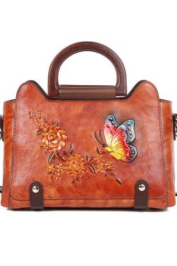 Natural Red Brown Floral Paitings Leather Satchel Handbag