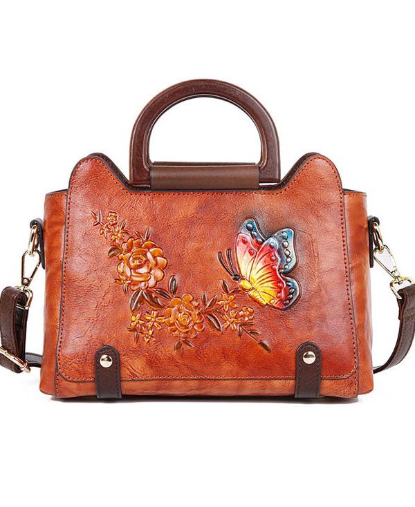 Natural Red Brown Floral Paitings Leather Satchel Handbag