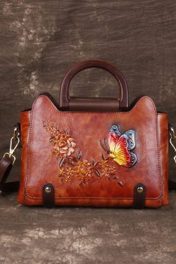 Natural Red Brown Floral Paitings Leather Satchel Handbag