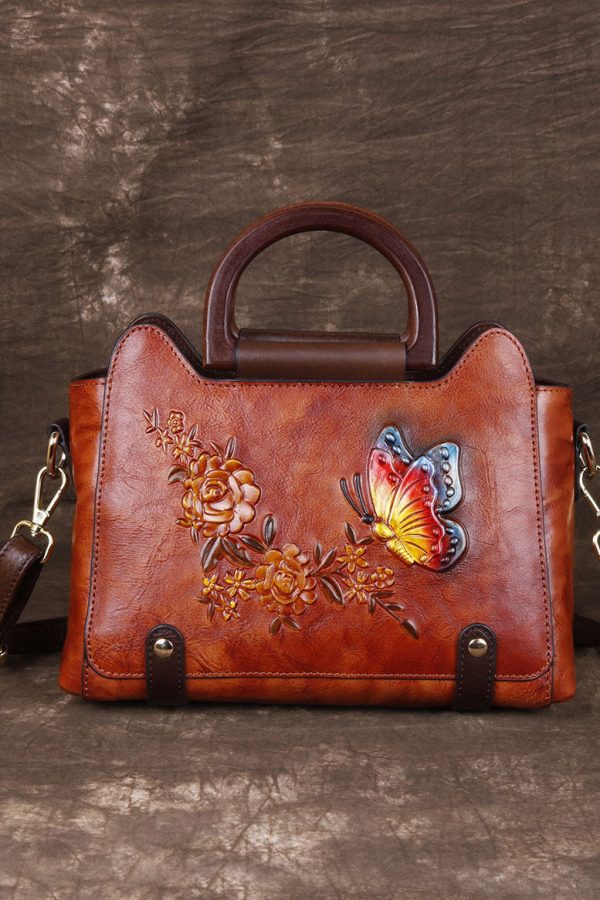 Natural Red Brown Floral Paitings Leather Satchel Handbag