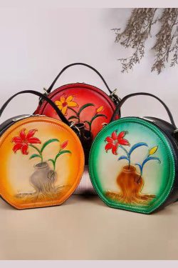 Natural Yellow Embossing Paitings Calf Leather Satchel Handbag