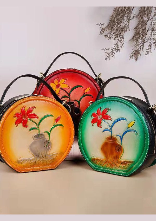 Natural Yellow Embossing Paitings Calf Leather Satchel Handbag