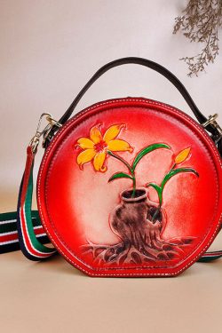 Natural Yellow Embossing Paitings Calf Leather Satchel Handbag