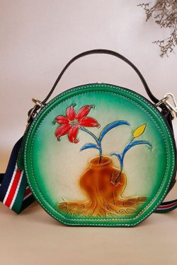 Natural Yellow Embossing Paitings Calf Leather Satchel Handbag