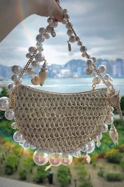 New Apricot Straw Woven Pearl Tote Handbag